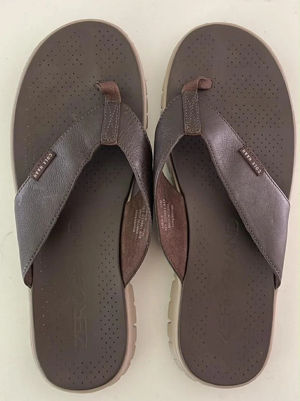 Cole Haan Zerogrand Men's Brown Leather Flip Sandals size 11 Excellent